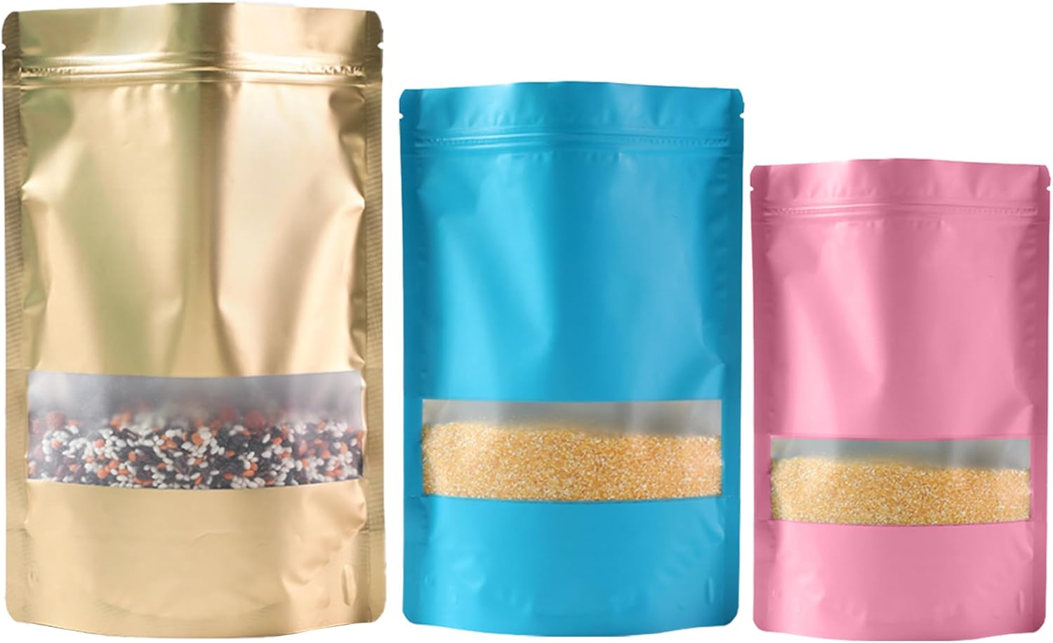 150 bolsas de almacenamiento de alimentos de pie con ventana, 4.7 x 7.8 pulgadas, rosa (50 unidades), 5.9 x 8.6 pulgadas, azul (50 unidades), 7.1 x