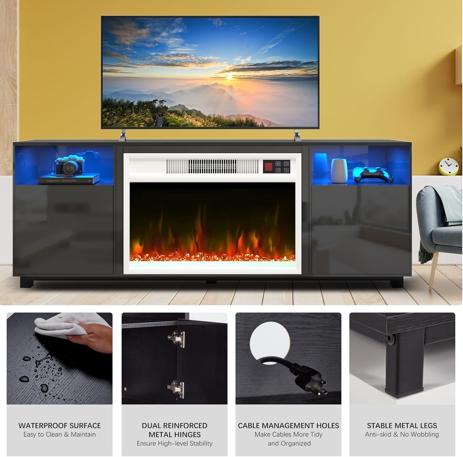 Soporte de TV con chimenea eléctrica de 23 pulgadas, centro de entretenimiento con luz LED de 65 pulgadas con chimenea eléctrica blanca, estantes