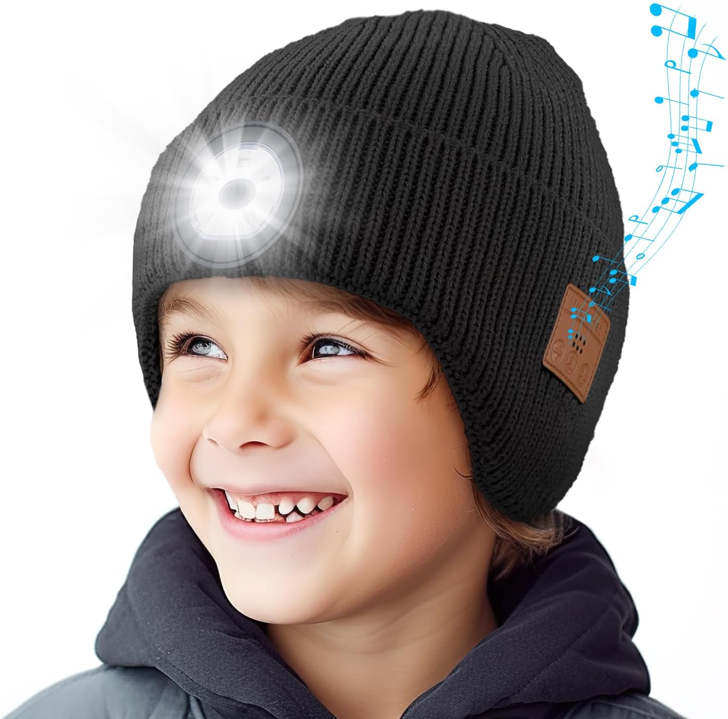 Gorro Bluetooth con luz LED para niños, micrófono integrado y altavoces estéreo, gorro de punto con música recargable por USB (negro, niño)