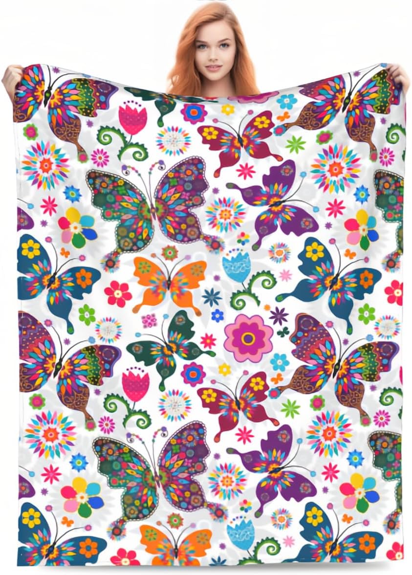 Zhung Ree Manta de franela de forro polar de microfibra de flores de mariposa coloridas, mantas duraderas para sofá, decoración del hogar, perfecta