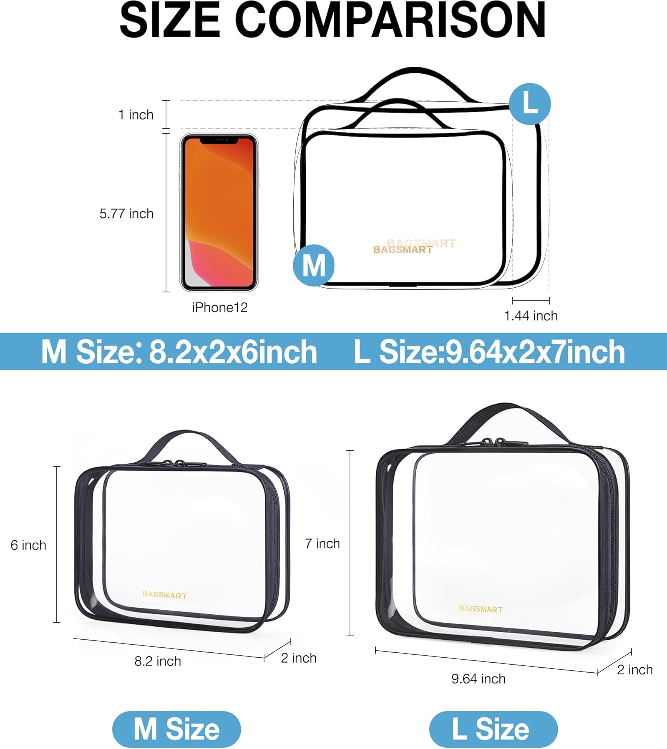 BAGSMART Bolsa de aseo aprobada por la TSA, organizador de cosméticos de maquillaje transparente, bolsa de viaje de tamaño de cuarto de galón para