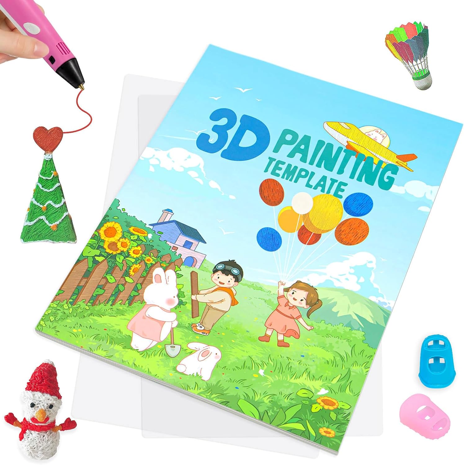 Libro de dibujo de pintura con bolígrafo 3D, plantillas de papel grueso de 40 patrones reutilizables de colores con dos placas transparentes,