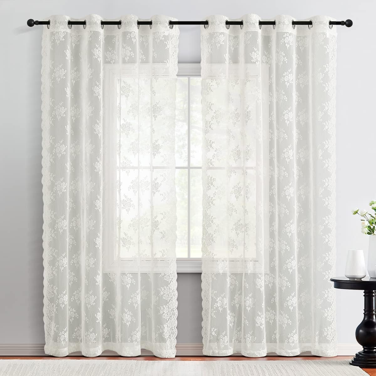 Kotile Cortinas de encaje con ojales de 95 pulgadas de largo, cortinas rústicas de encaje floral, juego de 2 paneles para sala de estar, cortinas