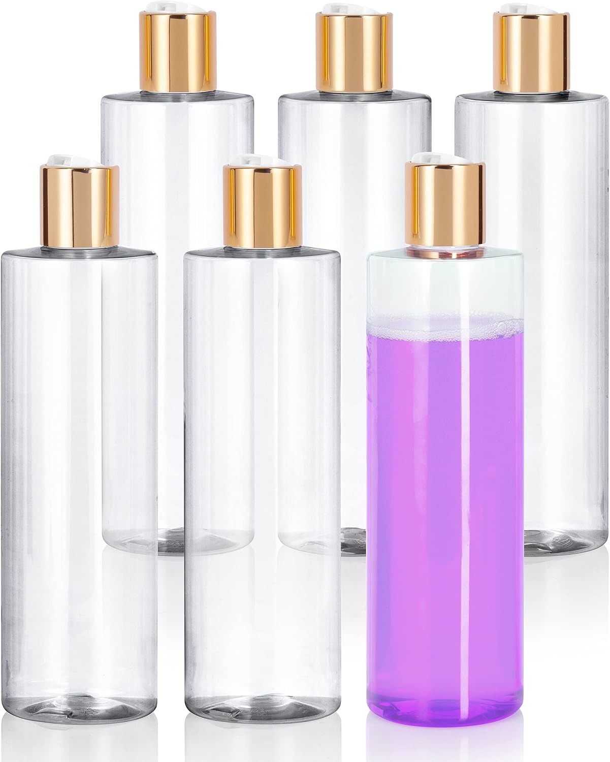 JUVITUS Botellas de plástico PET cilíndricas profesionales transparentes de 12 oz (12.0 fl oz, sin BPA) (paquete de 6, tapa de disco dorada)