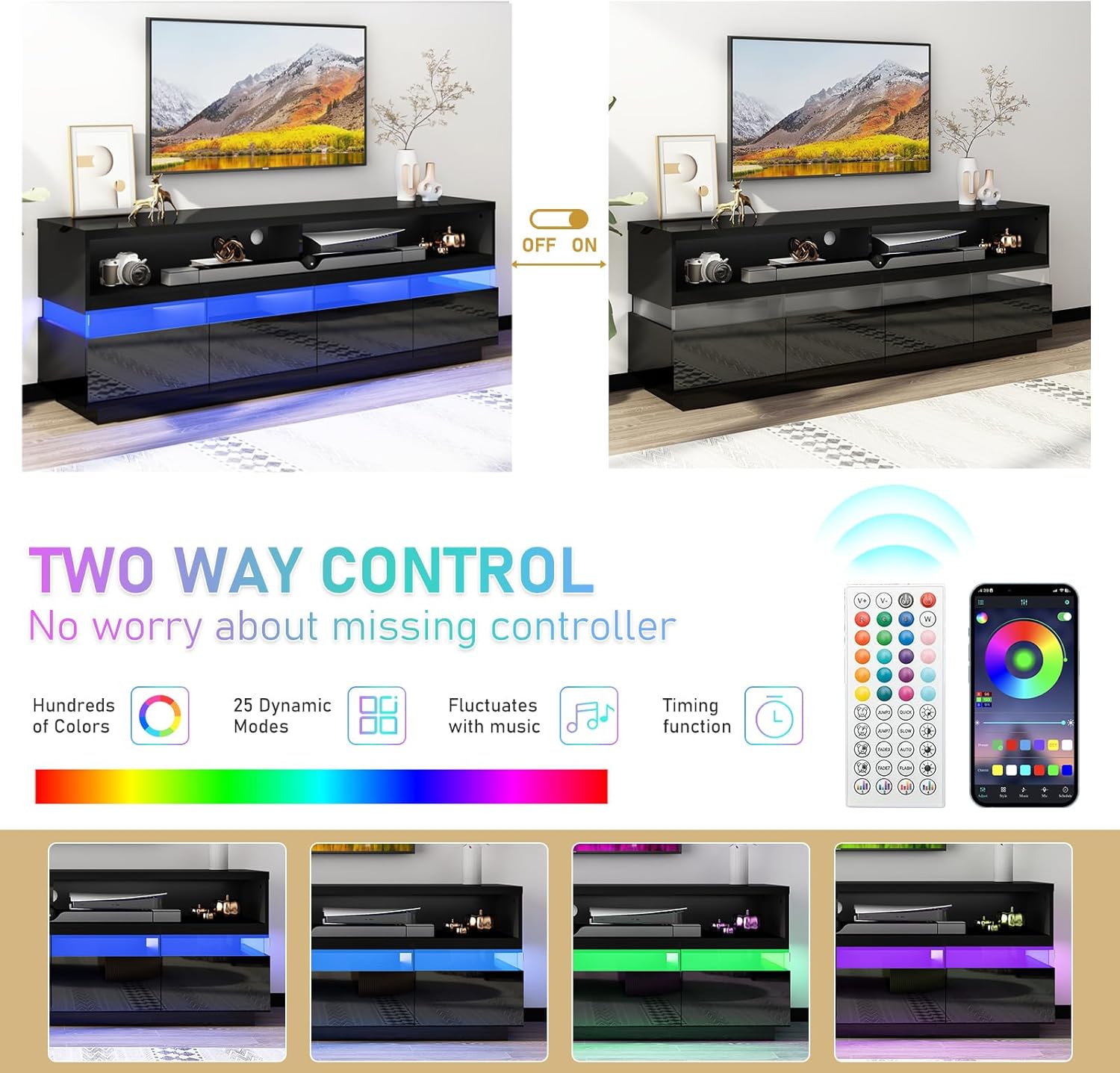 jiteentarou Soporte de TV LED de 66 pulgadas para TV de 606570 pulgadas, soporte de TV negro moderno de alto brillo con gran almacenamiento, centro