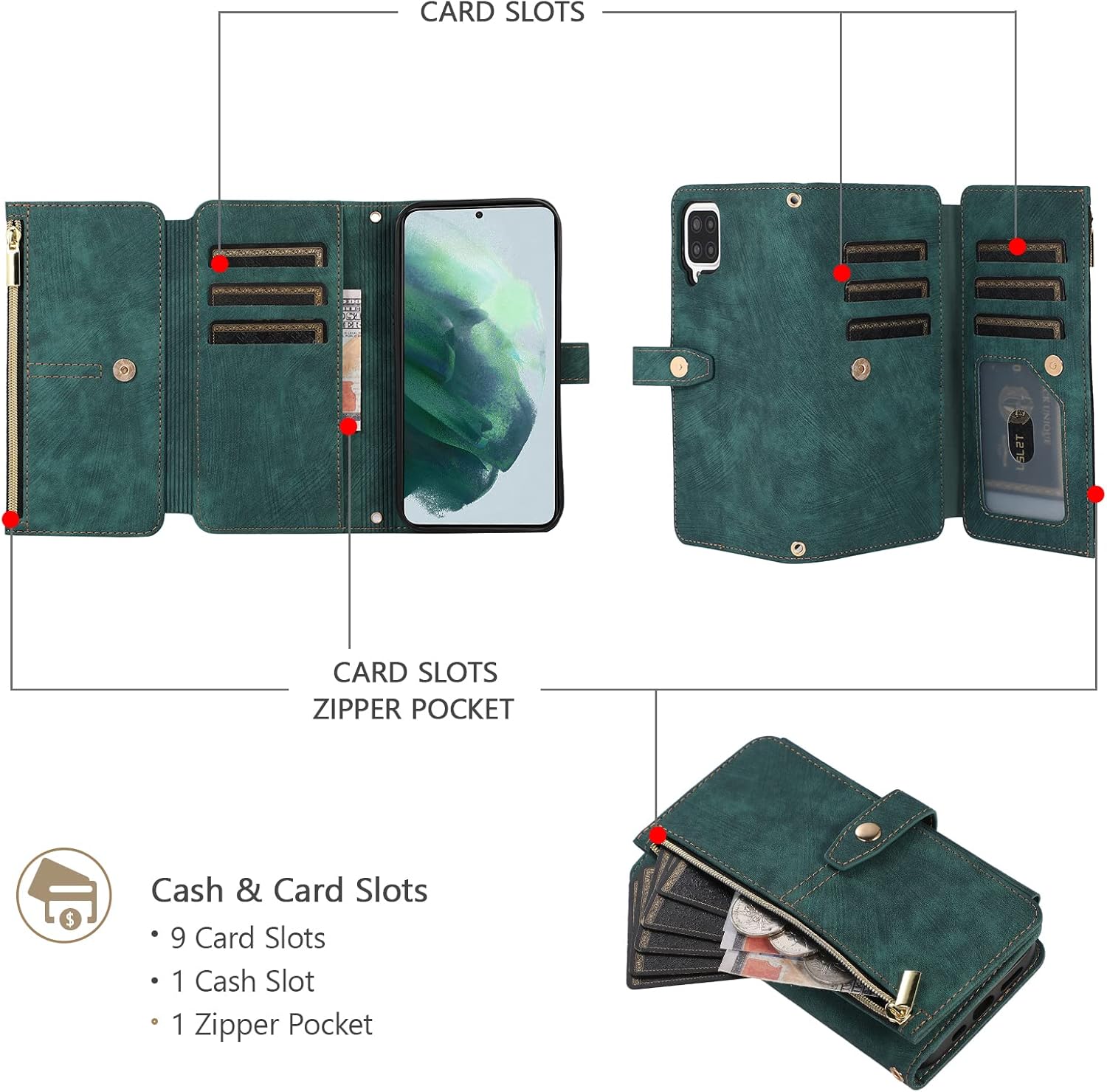 UEEBAI Funda para Samsung Galaxy A12 5GSamsung Galaxy M12, 9 ranuras para tarjetas Cartera de cuero a prueba de golpes Flip Cover con correa de mano
