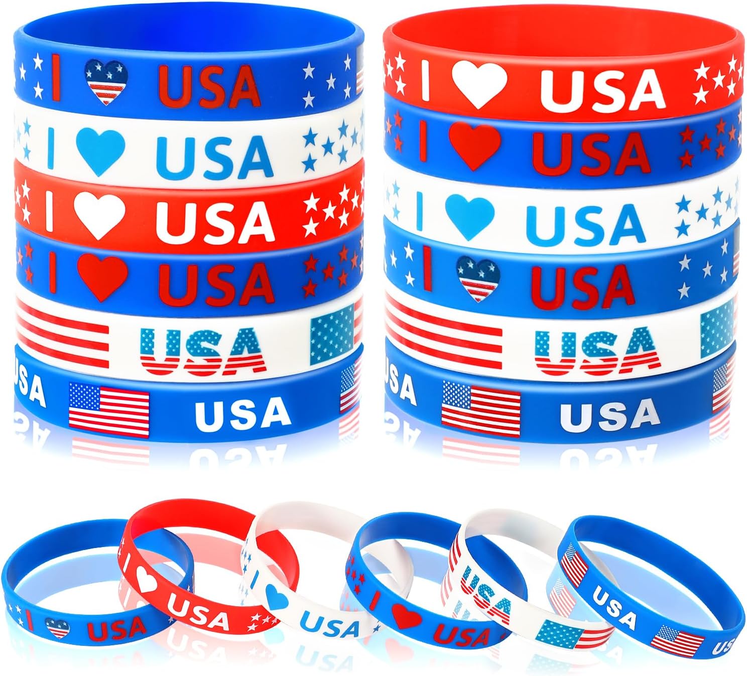 JUNEBRUSHS 24 pulseras de silicona para fiestas del 4 de julio, con bandera estadounidense, color rojo, blanco y azul, para fiestas patrióticas del