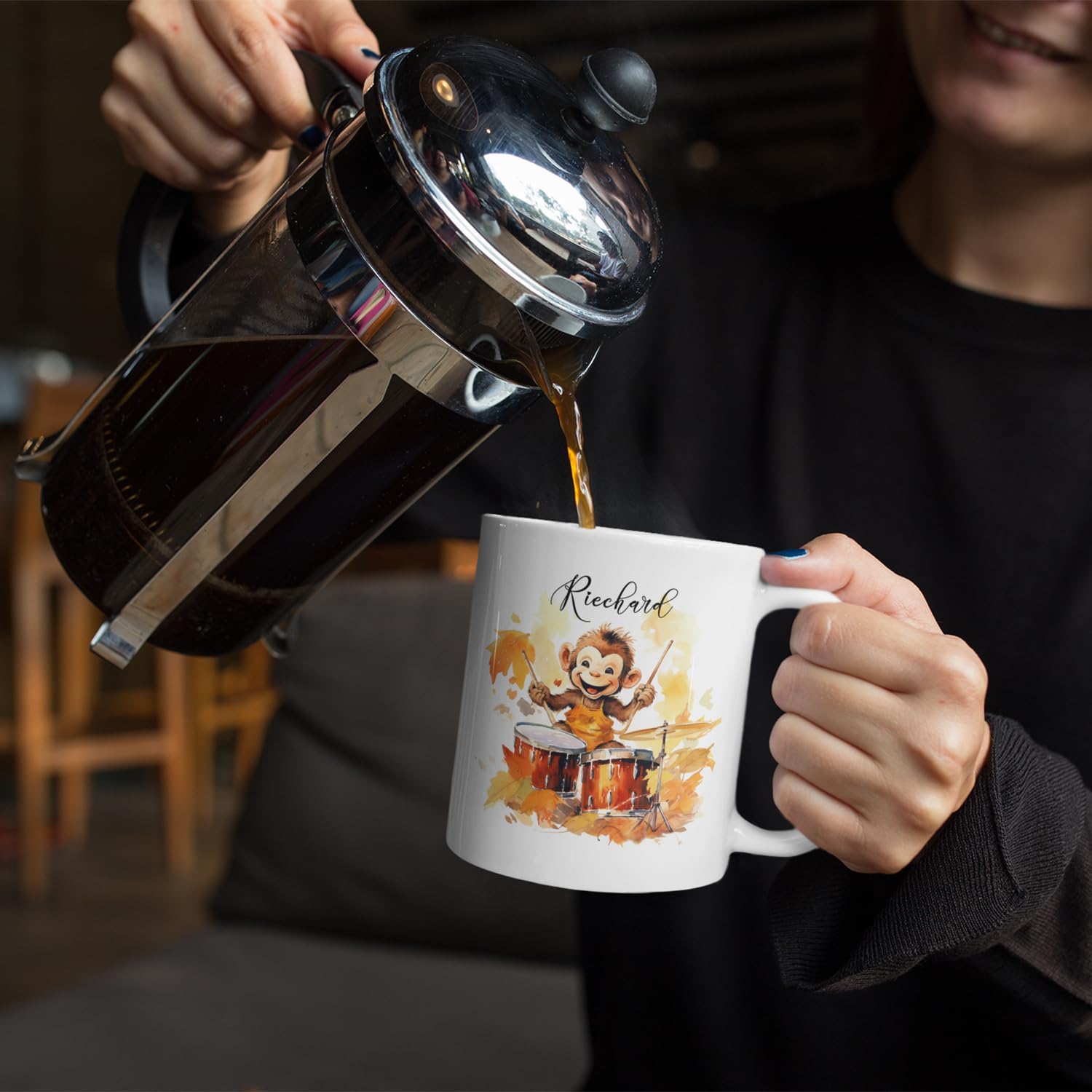 Taza de cerámica blanca de mono de otoño personalizada de 11 onzas, 15 onzas, tazas de té de tambor, regalo de tazas de otoño para amantes del