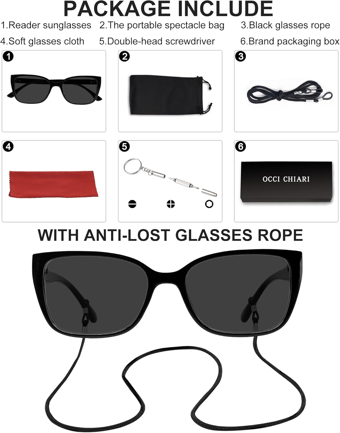 OCCI CHIARI Gafas de sol para lector para mujer 2.5, lentes de sol de lectura 1.0 1.25 1.5 1.75 2.0 2.25 2.5 2.75 3.0 3.5 (negro, 2.50)