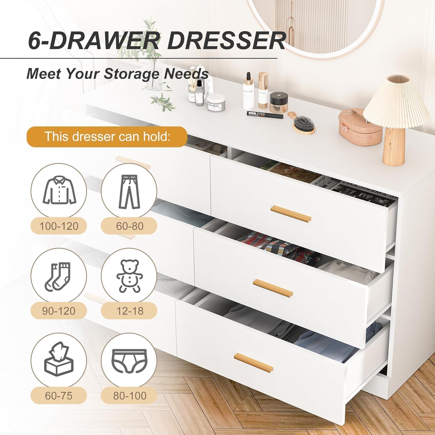 Spaco Cómoda blanca para dormitorio, cómoda de 6 cajones con mango dorado, cómoda de almacenamiento de madera moderna para dormitorio, sala de estar