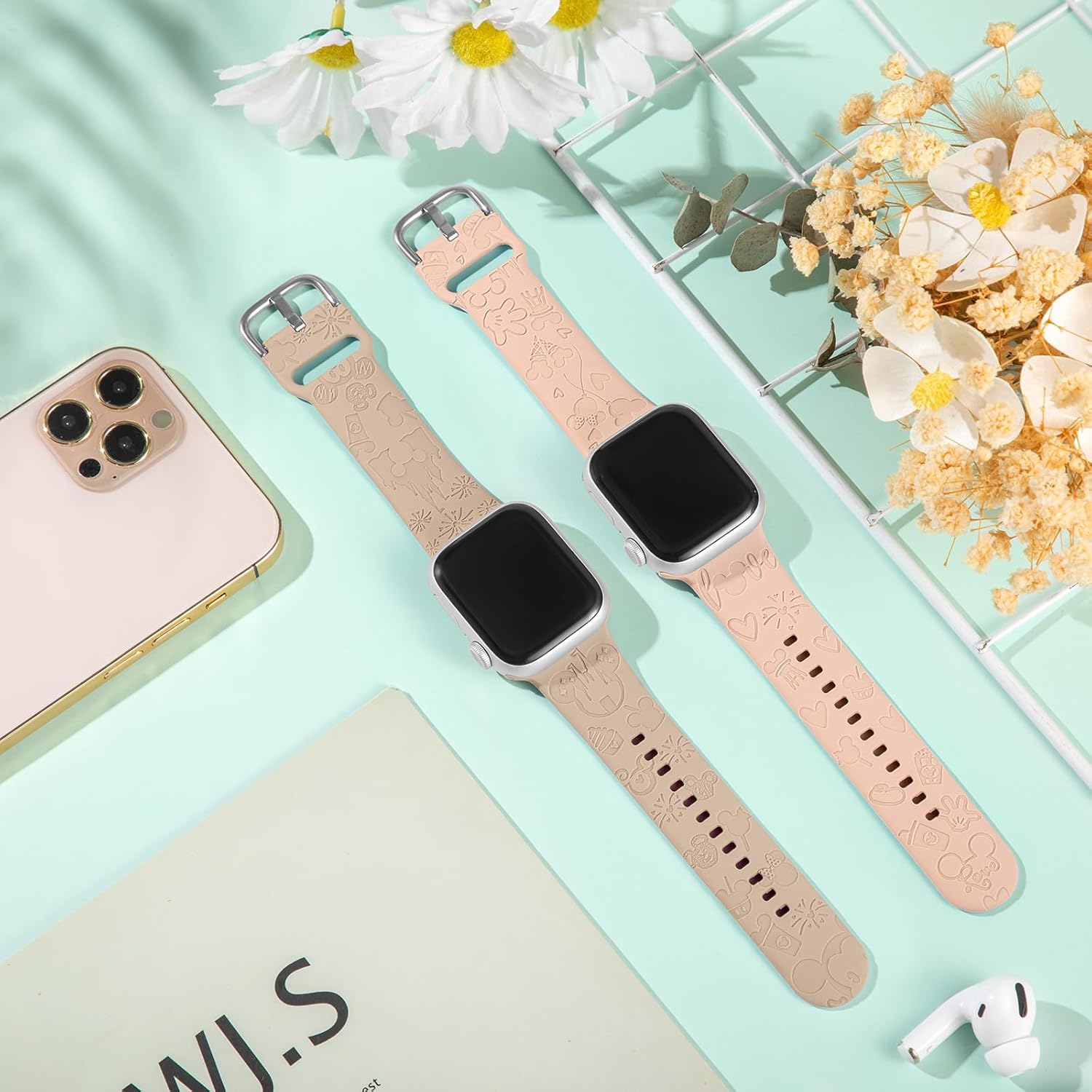 Onederhome Correa deportiva grabada compatible con correas de Apple Watch 38 40 41 42 44 45 1.929 in, correa de silicona suave para mujer y hombre,