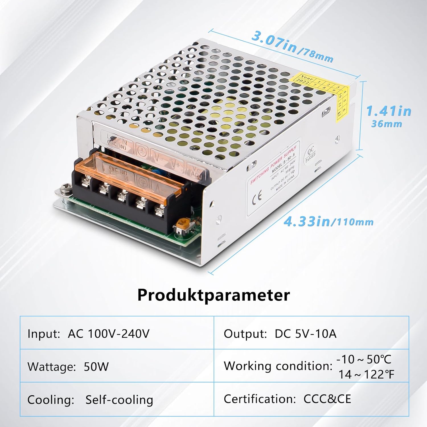 Fuente de alimentación conmutada de 5V 10A 50W DC AC 100V240V a DC-12V Adaptador de corriente, voltaje constante del transformador, adecuado para