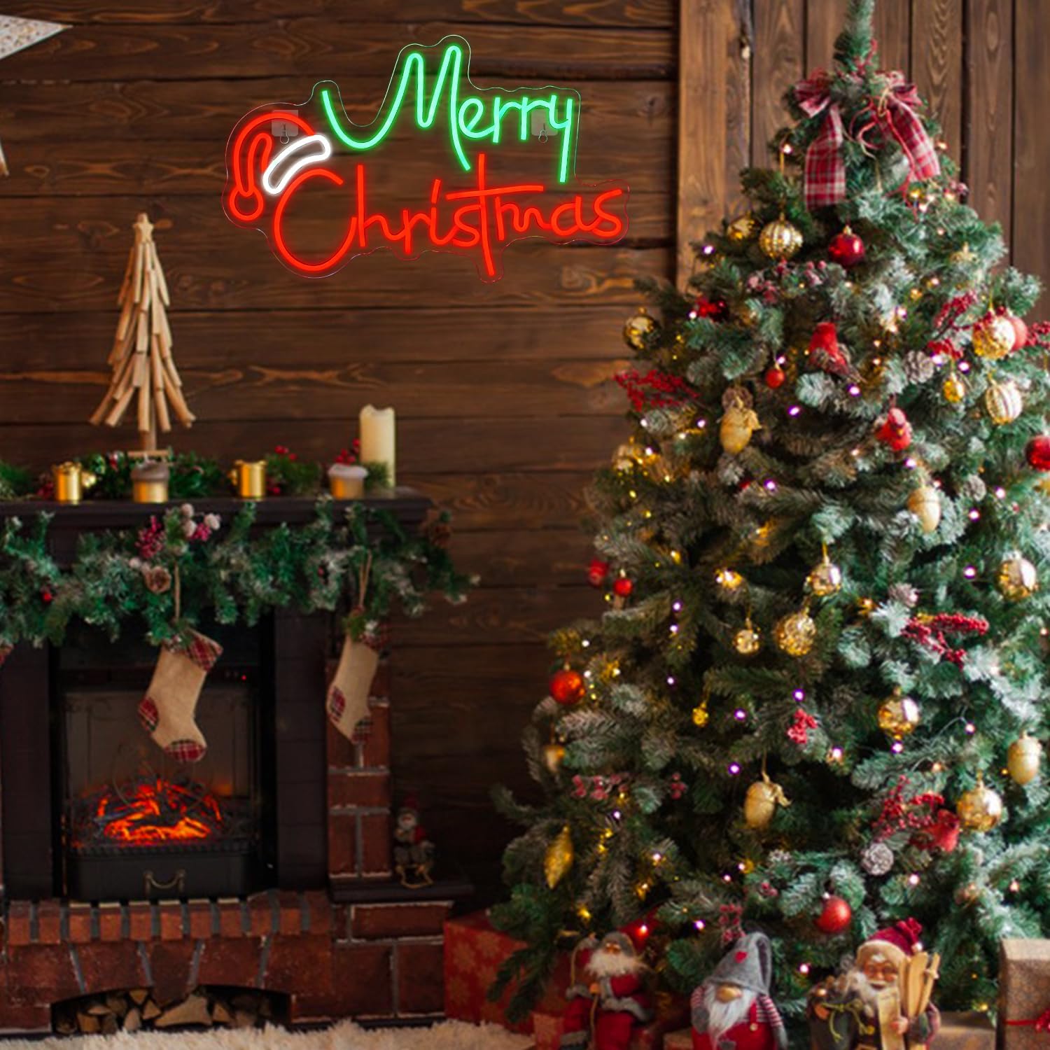 Lucunstar Letrero de neón verde de Feliz Navidad, letreros de neón para decoración de pared, luz LED de sombrero de Navidad con tablero acrílico,