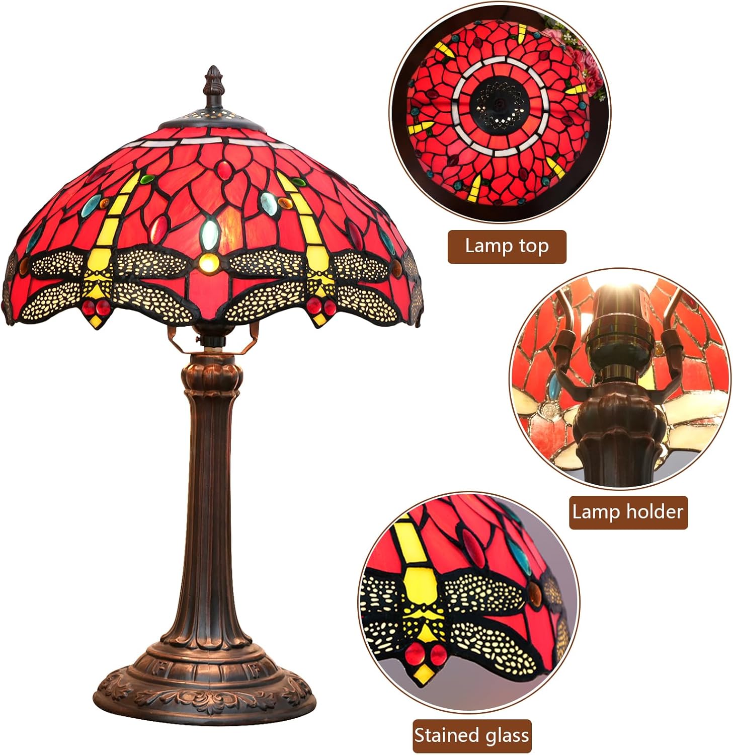 Tiffany Lámpara de mesa con libélula roja, 12 x 12 x 18 pulgadas, estilo libélula roja, luz de lectura, decoración al lado del dormitorio, sala de