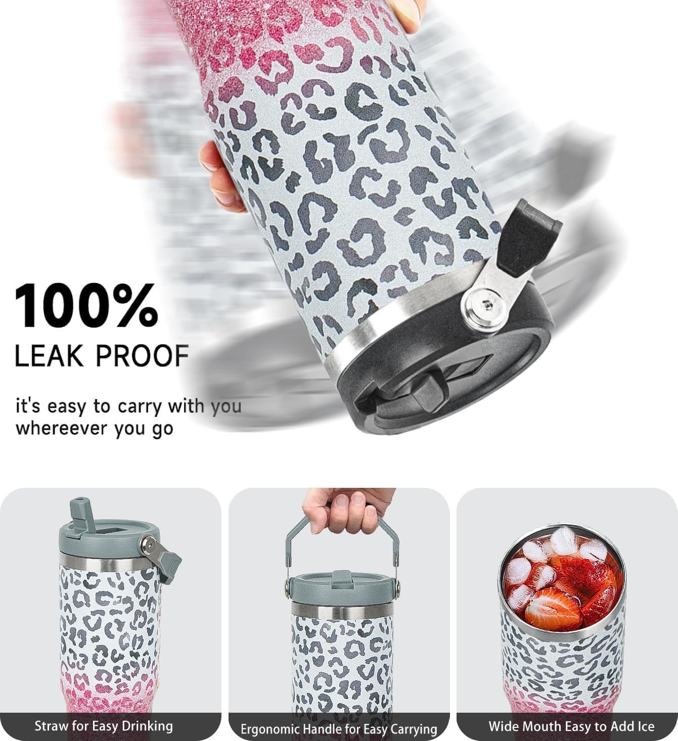 Rcvlauf Vaso con estampado de leopardo de 30 onzas con asa, popote abatible, taza de café con estampado de leopardo rosa, con asa, a prueba de