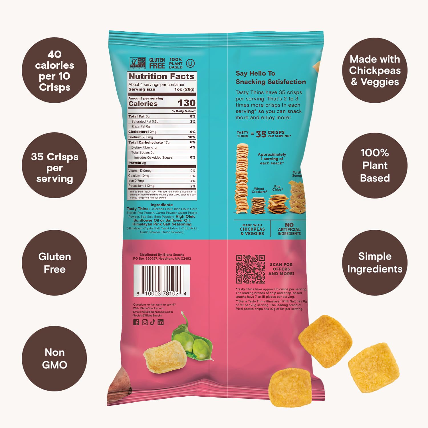 BIENA Tasty Thins – Chips vegetales de garbanzos  Sal marina, paquete de 4, bolsas de 4 onzas  Garbanzos y verduras, veganos, sin gluten, sin