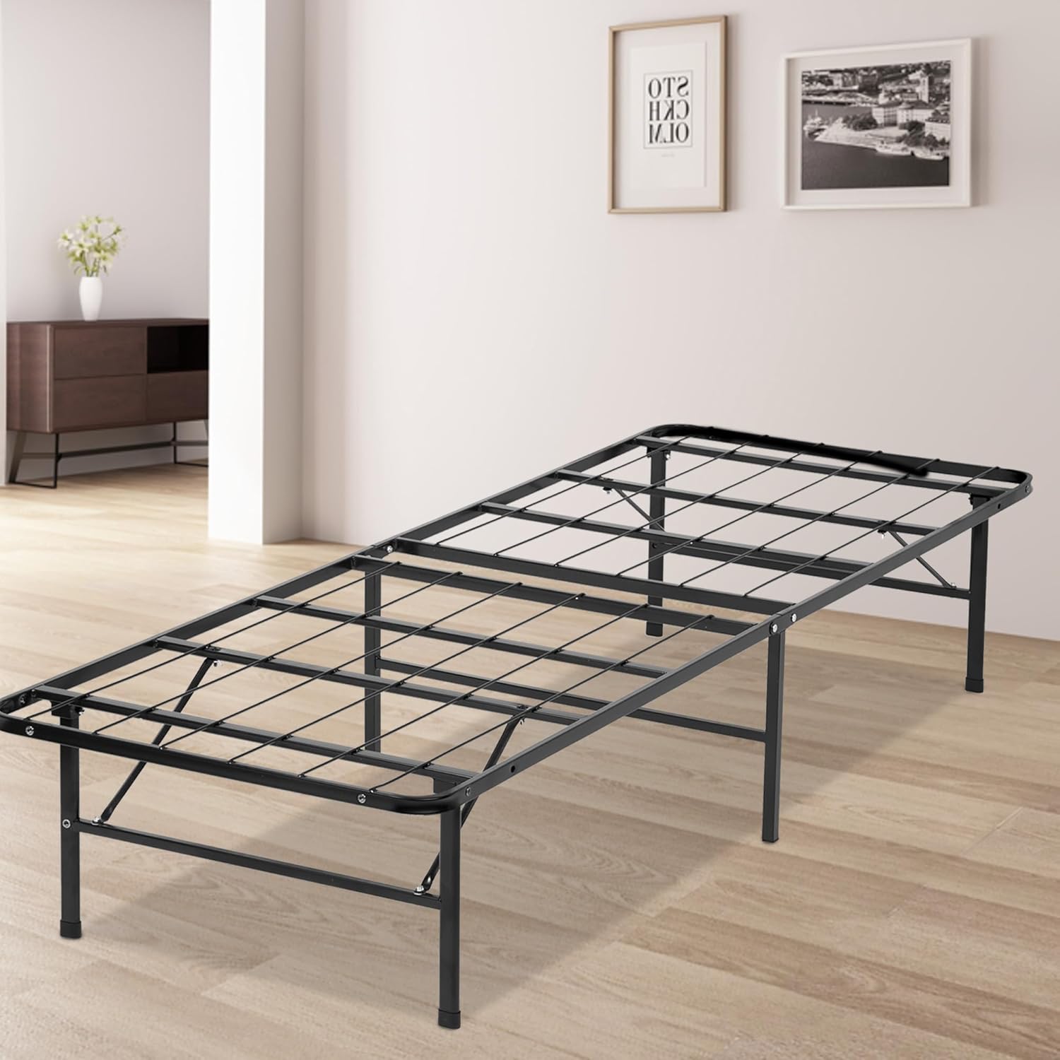 PayLessHere Marco de cama plegable de metal de 14 pulgadas, plataforma de listones de acero resistente, base de cama, base de colchón, repuesto de
