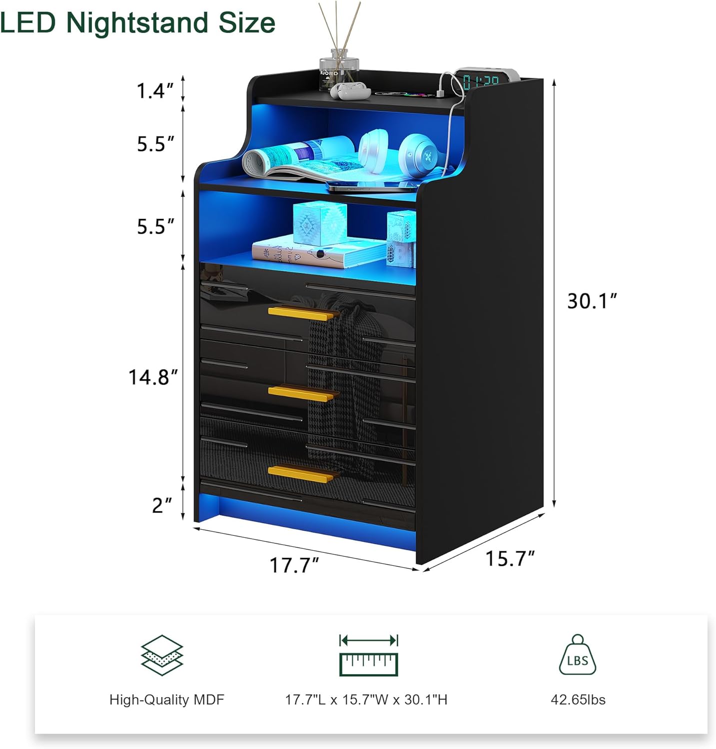 HNEBC Mesita de noche LED RGB con estación de carga, mesita de noche negra con 3 cajones, mesita de noche inteligente con puertos de carga