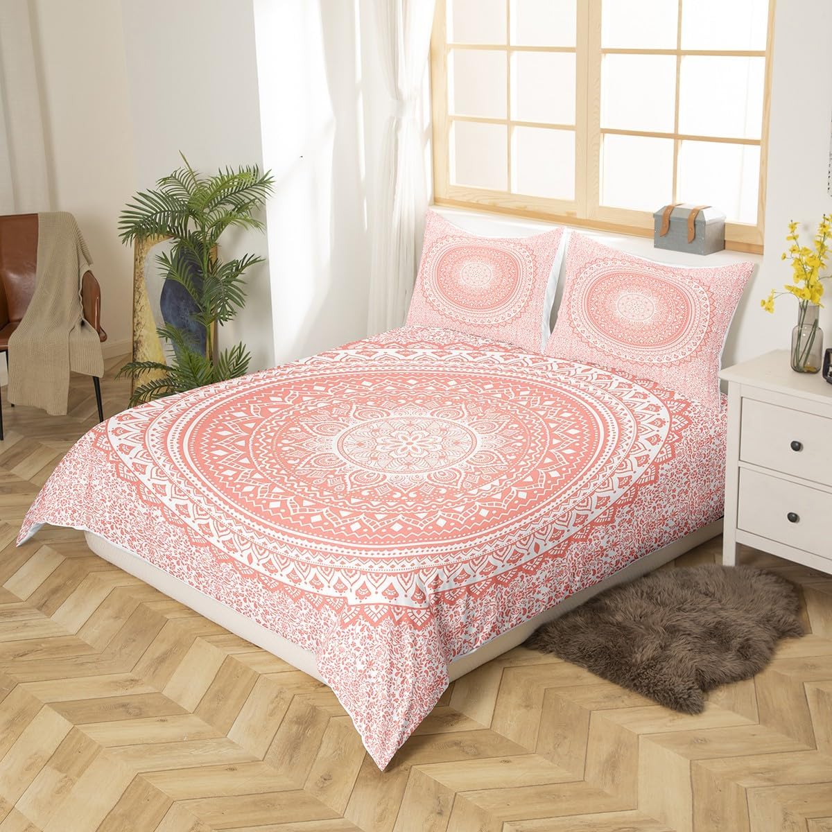 Juego de funda de edredón de mandala rosa, tamaño individual, juego de ropa de cama bohemio de cachemira para niños, adolescentes, niños, niñas,