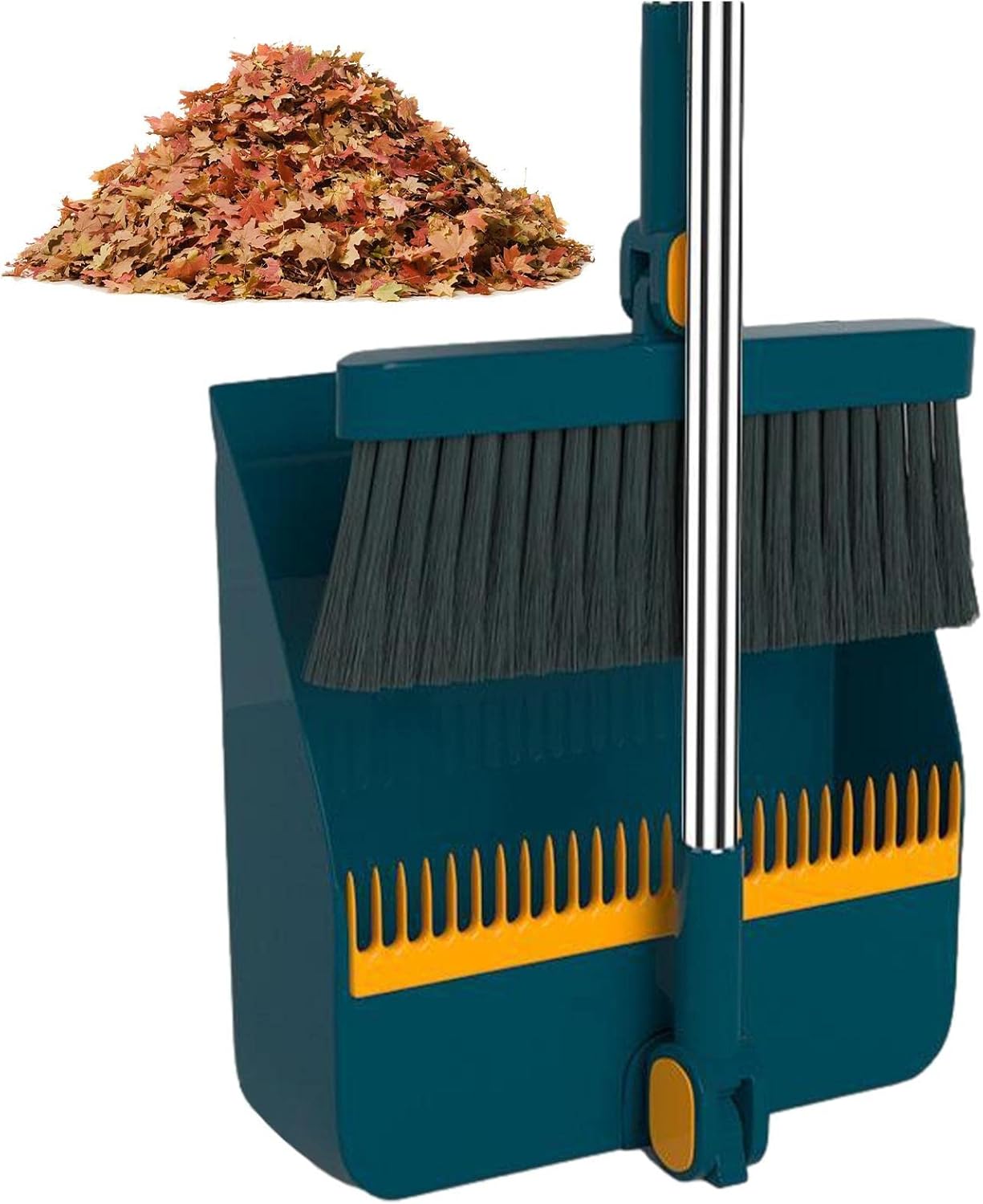 Juego de escoba y recogedor, recogedor vertical y escoba con mango largo, bandeja de polvo vertical con dientes, escoba de cabeza giratoria de 180