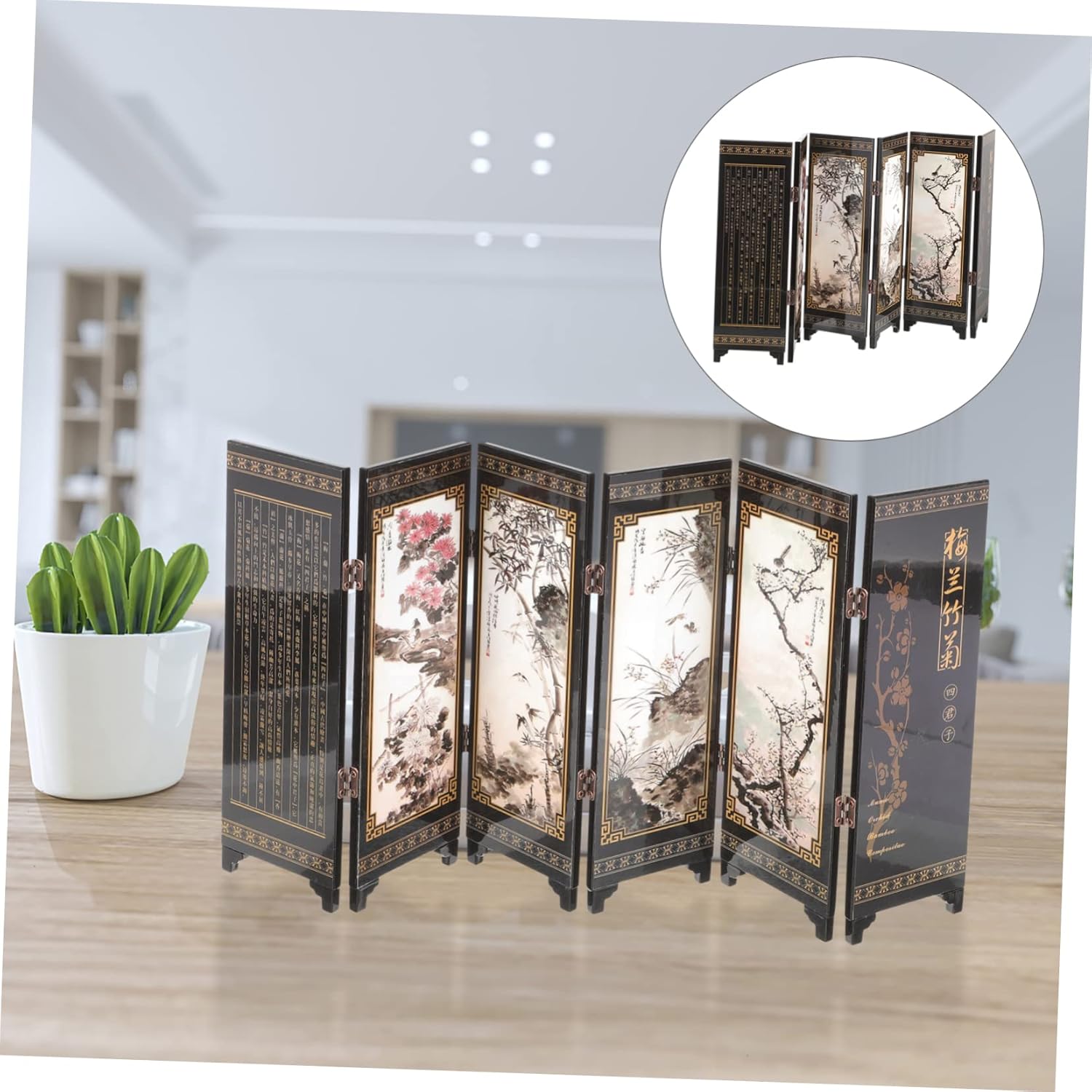 Zerodeko Adornos decorativos para pantalla de escritorio, cambiador de habitación, mini pantalla de laca, decoración oriental, pantalla plegable