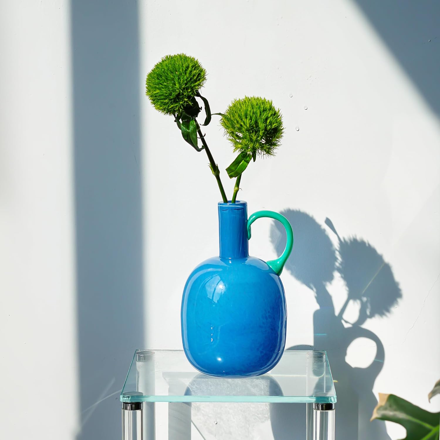 Jarrón vintage de vidrio soplado con asa, jarrones azules de 8.5 pulgadas para decoración del hogar, jarrones de vidrio artístico para flores,
