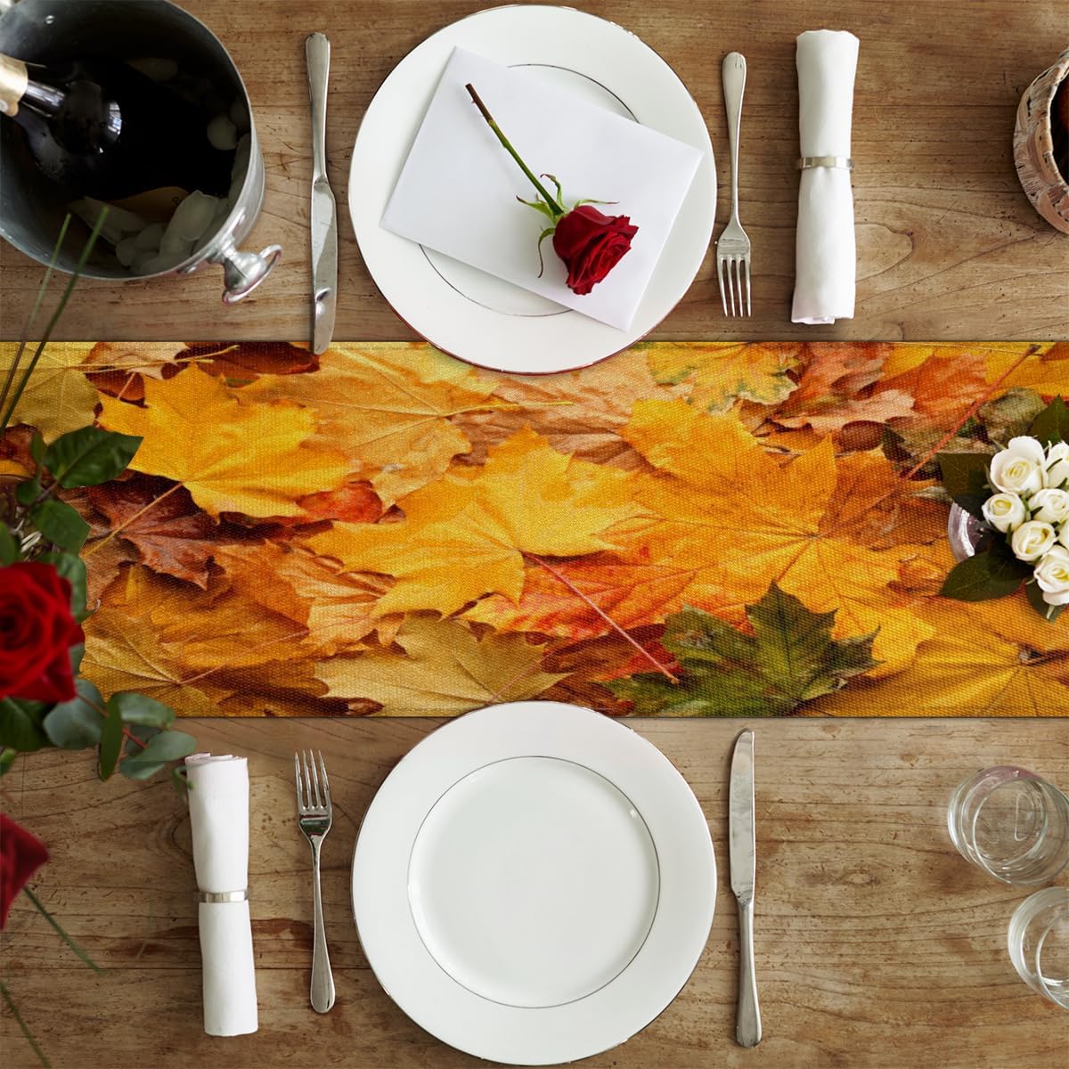 Table Runner Autumn Leaves, Rustic Linen Table Cloth, Kitchen Dining Table Decoration for Home Party Decor 13 x 48 Inches