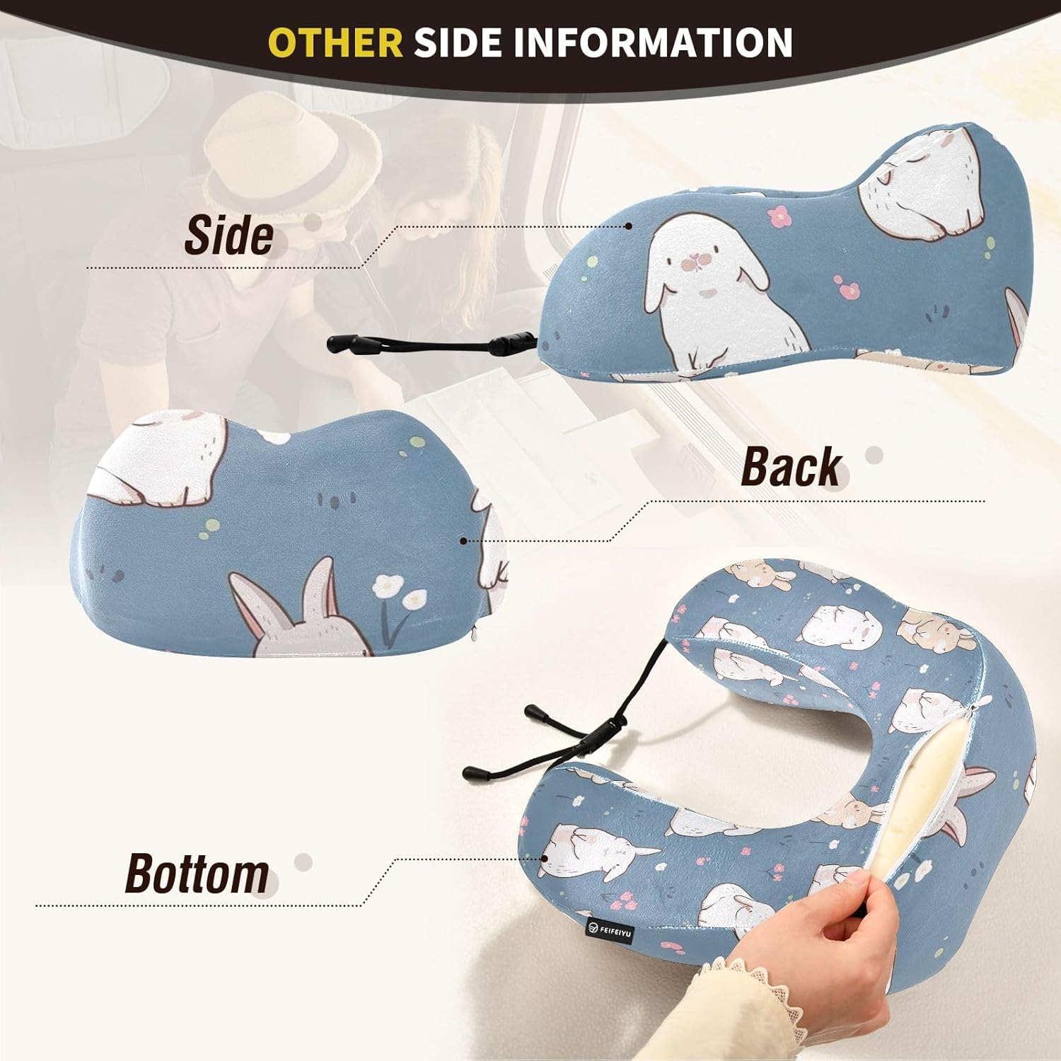 Almohada de cuello de viaje compacta y portátil con patrón de conejo, almohada para avión, con bolsa de almacenamiento con cordón