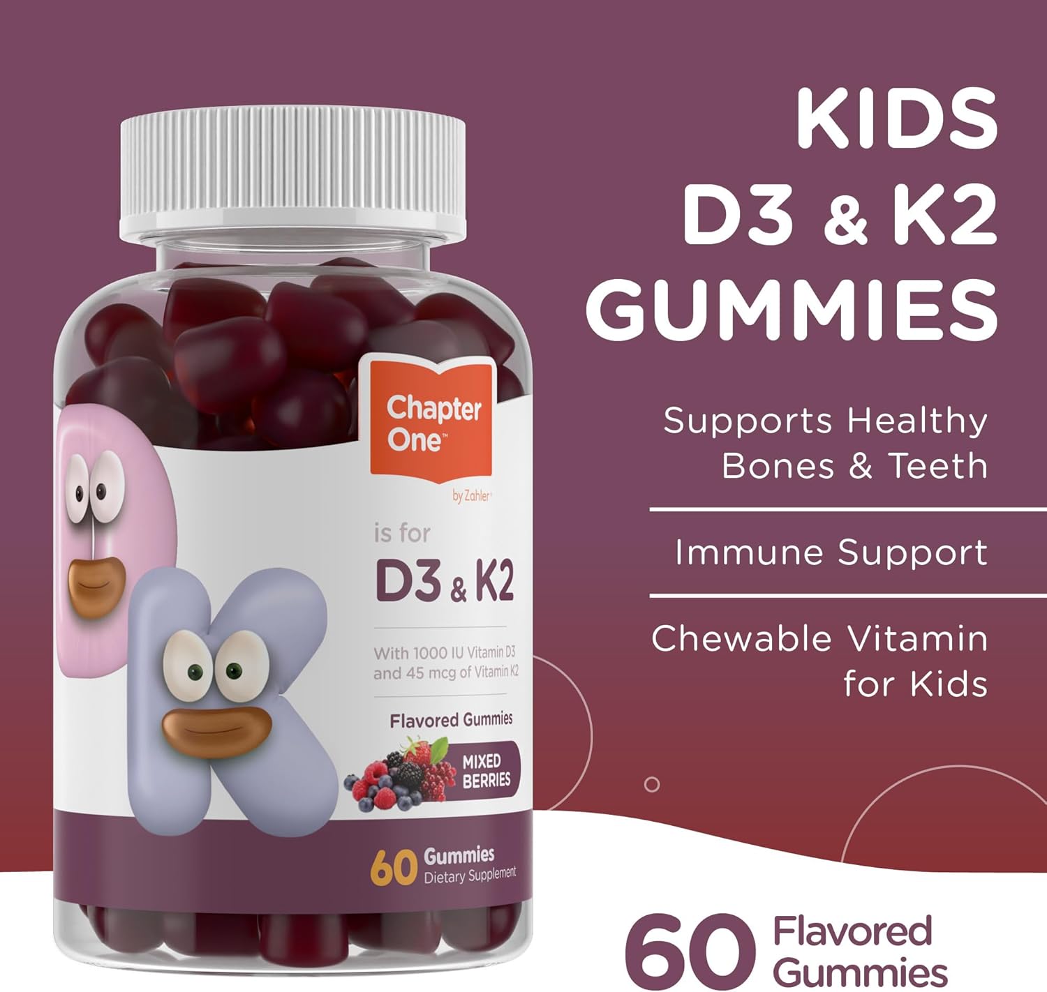 Zahler Chapter One – Gomitas de vitamina D3 K2, contienen 1000 UI de vitamina D3 y 45 MCG de suplemento de gomitas de vitamina K2, D3 y K2, Kosher,