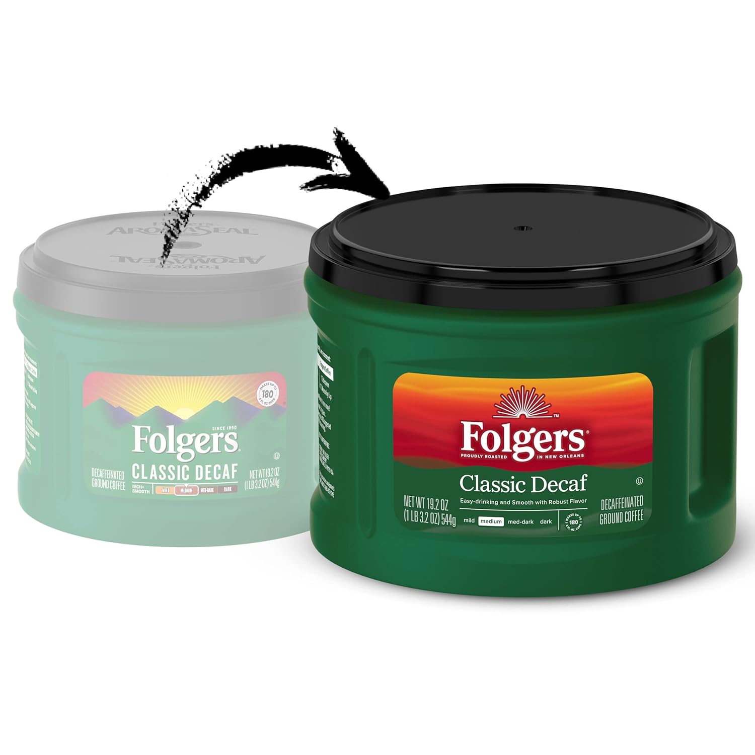 Folgers Café descafeinado, café molido, tostado medio clásico, recipiente de 19.2 onzas