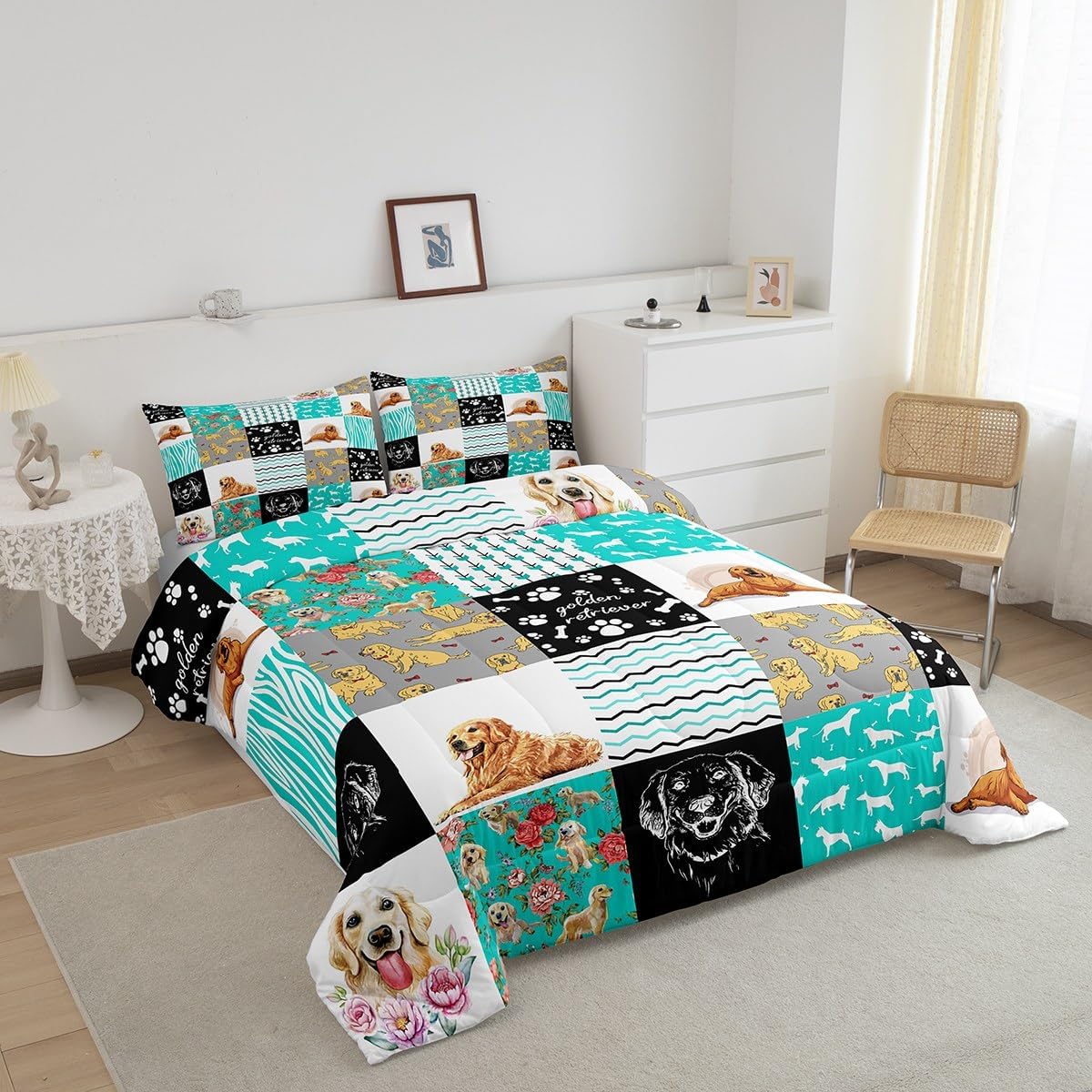 Lindo juego de edredón Golden Retriever para niños y niñas, preciosa ropa de cama para cachorros, tamaño individual, edredón Kawaii con patas de