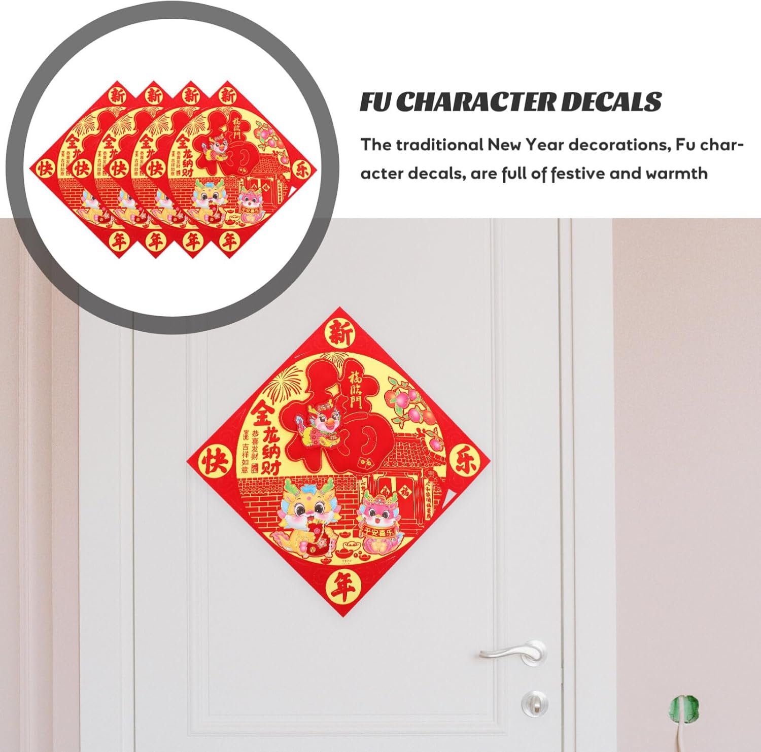 BESTOYARD Pegatinas de Año Nuevo Chino Bendición Puerta Adhesivo 4pcs Fu Carácter Pared Pegatina Festival de Primavera Adhesivos Calcomanía 2024 Año