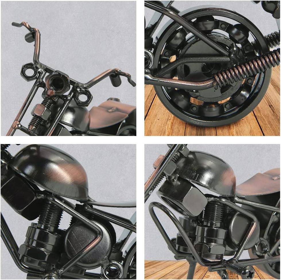 Winterworm Modelo creativo de motocicleta con reloj, adorno de metal de hierro, figura de motocicleta de bronce retro para el día del padre,