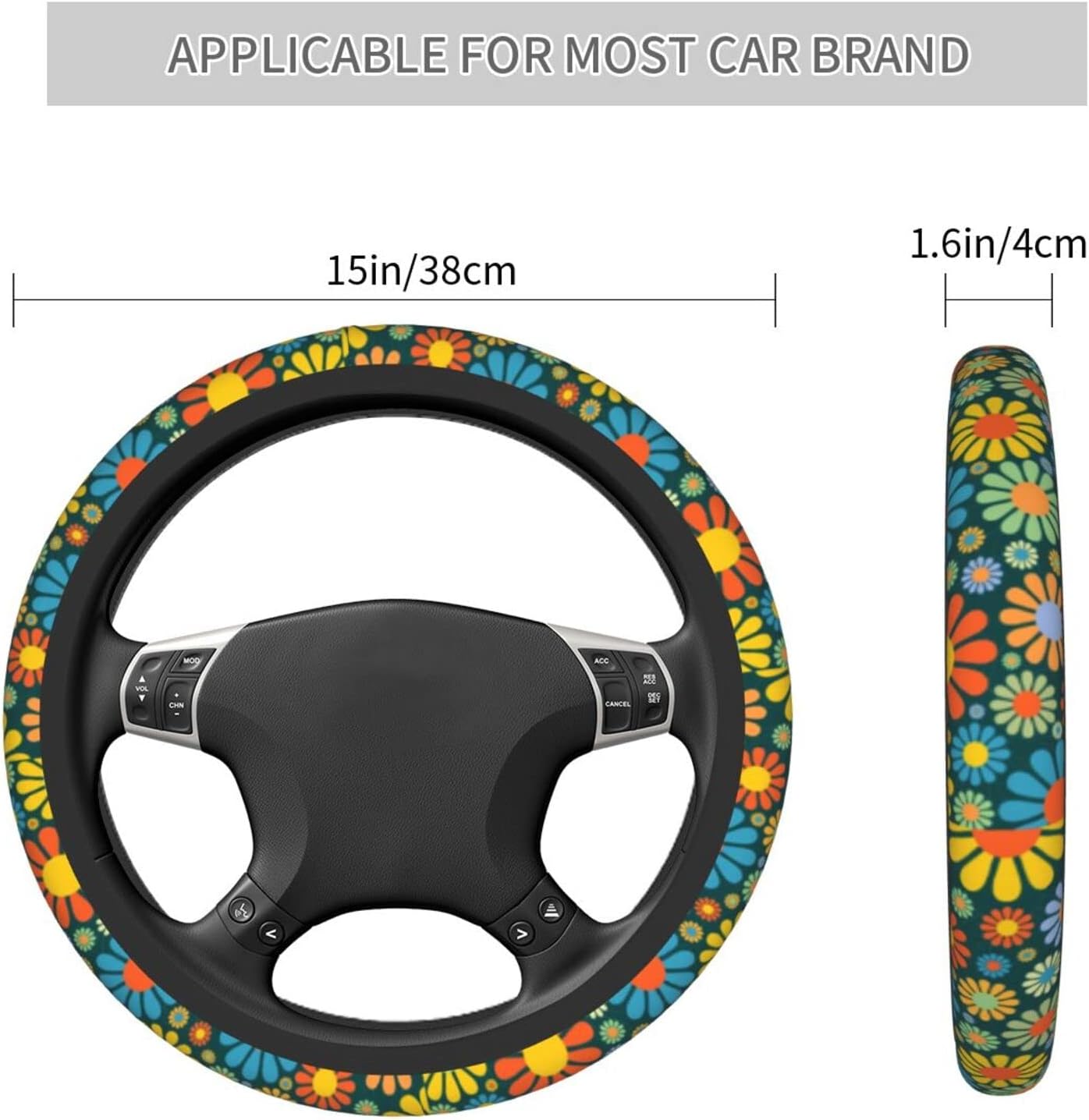 Funda universal para volante de automóvil de flores hippie de 15 pulgadas, transpirable, antideslizante, accesorios de automóvil para la mayoría de