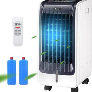 COSTWAY Enfriador de aire evaporativo portátil para habitación, incluye control remoto, 2 paquetes de hielo, ventilador portátil sin aspas con 3 COSTWAY Enfriador de aire evaporativo portátil para habitación, incluye control remoto, 2 paquetes de hielo, ventilador portátil sin aspas con 3
