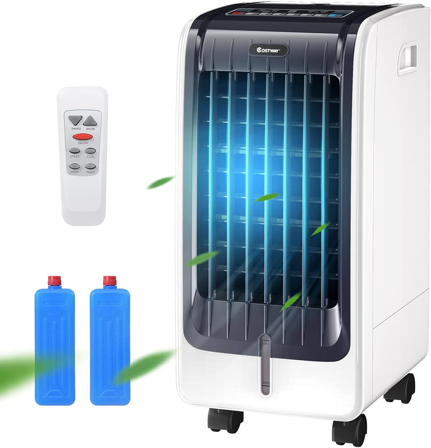 COSTWAY Enfriador de aire evaporativo portátil para habitación, incluye control remoto, 2 paquetes de hielo, ventilador portátil sin aspas con 3
