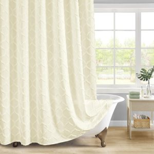 MitoVilla Cortina de ducha de tela bohemia color crema con acolchonada, cortinas de ducha de tela de lujo beige para decoración moderna de baño, MitoVilla Cortina de ducha de tela bohemia color crema con acolchonada, cortinas de ducha de tela de lujo beige para decoración moderna de baño,