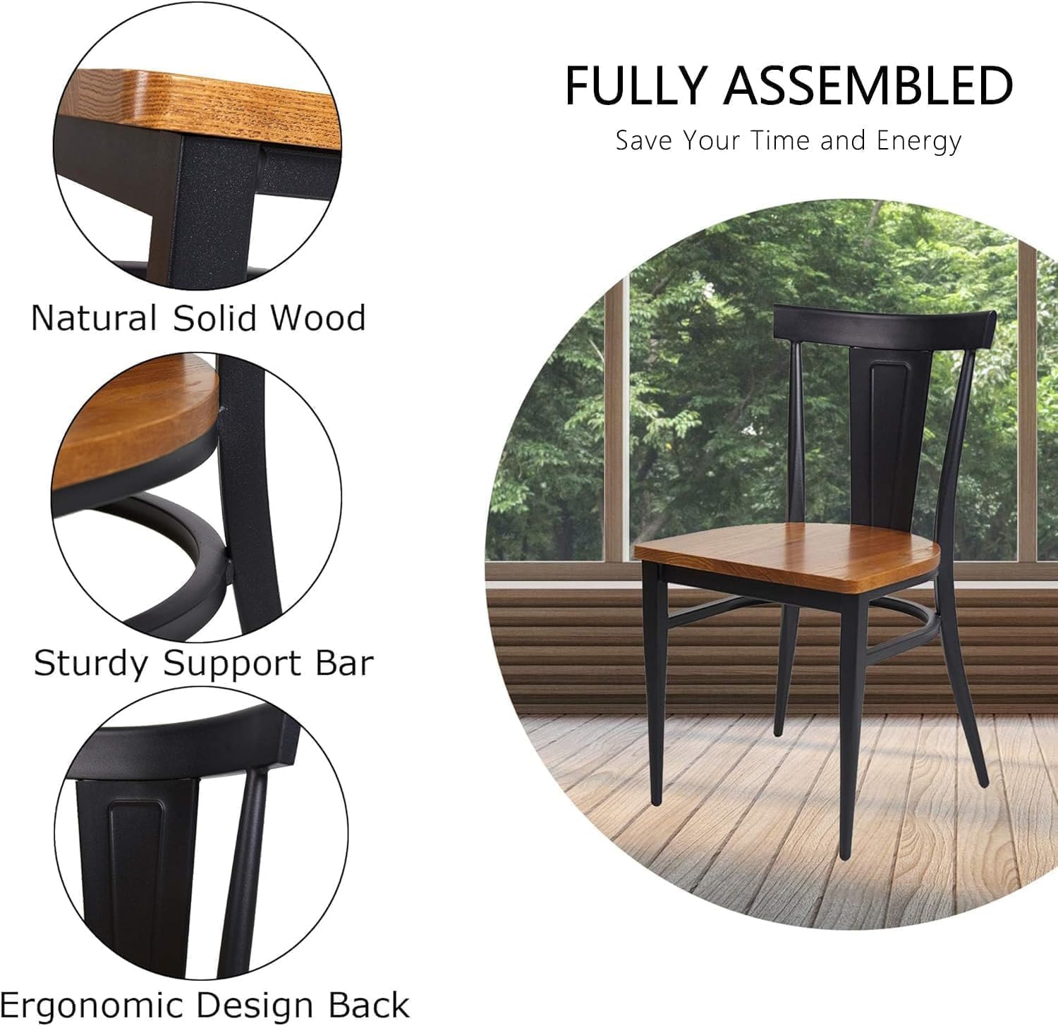 LUCKYERMORE Juego de 2 sillas de comedor de metal resistente, sillas apilables comerciales con asiento de madera, marco de metal, capacidad de 450