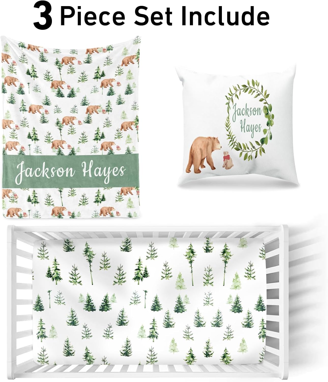 Juego de sábanas ajustables para cuna para bebé juego de ropa de cama personalizado para cuna de 3 piezas con nombre, juego de ropa de cama para