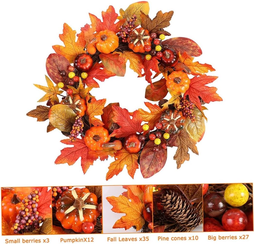 Corona de otoño de Acción de Gracias para puerta delantera, corona de cosecha de otoño con calabaza, hoja de arce, piña, baya para Navidad, otoño,