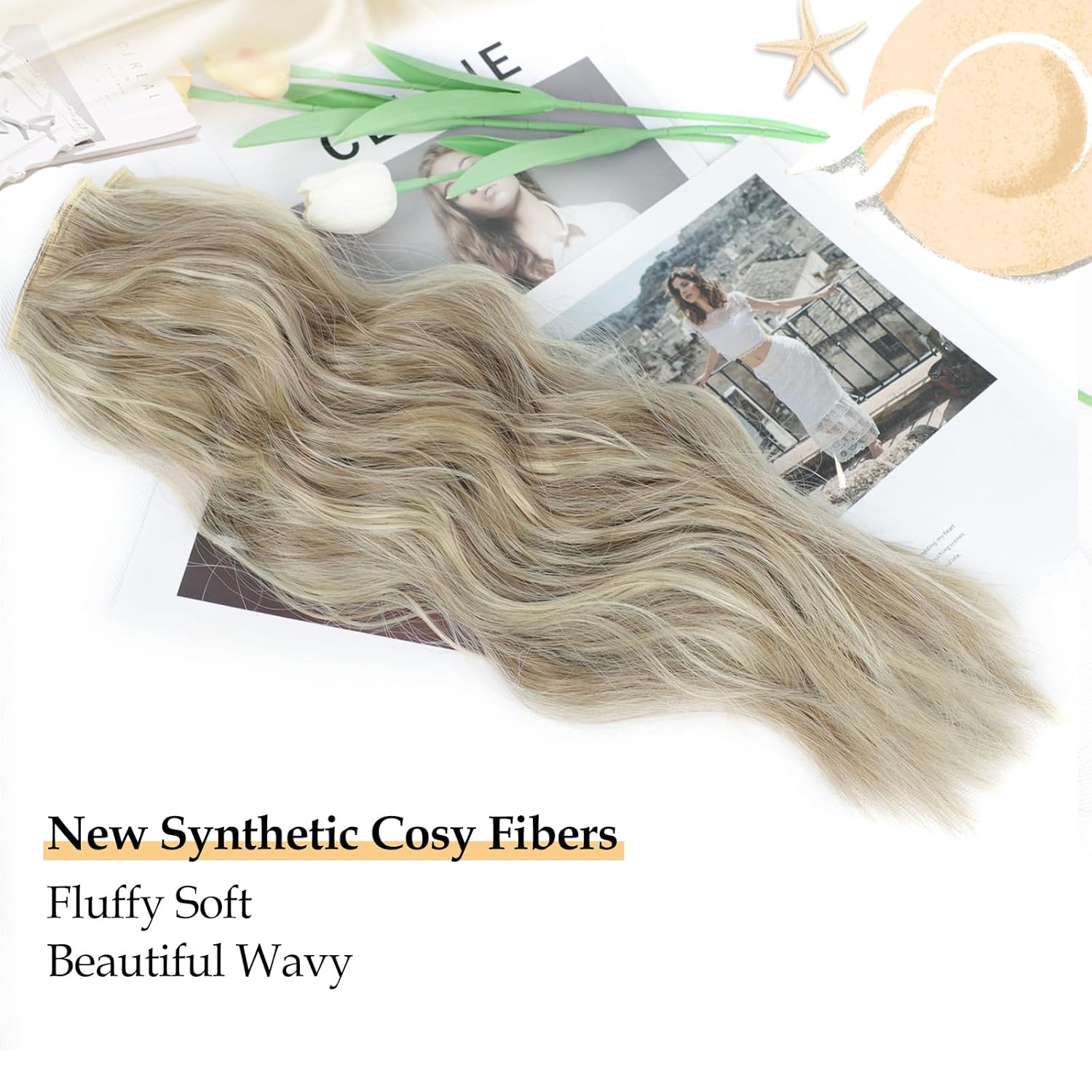 Extensiones de cabello sintético de 24 pulgadas con clip, extensiones de cabello largo ondulado con clip, extensiones de cabello largo y ondulado de