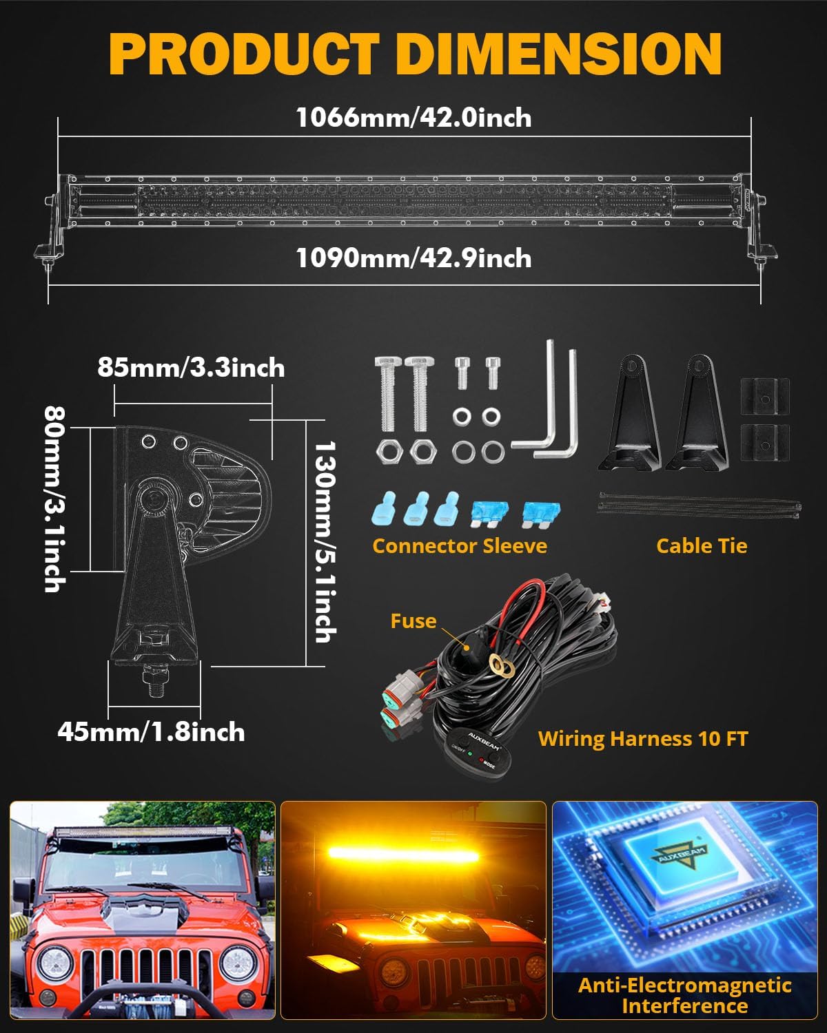 Auxbeam Barra de luz LED recta de 42 pulgadas y 240 W, 6 modos de luz estroboscópica blanca ámbar todoterreno, haz combinado de inundación puntual