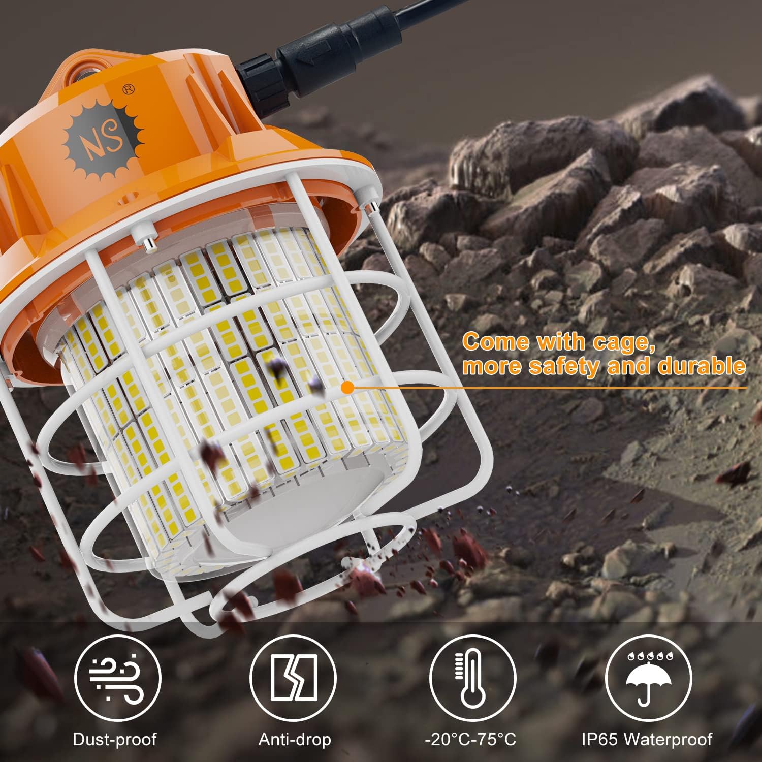 Luz de trabajo temporal LED de 60 W, 8700 lúmenes, 5000 K, luces de construcción con cubierta protectora de acero inoxidable y gancho para interior