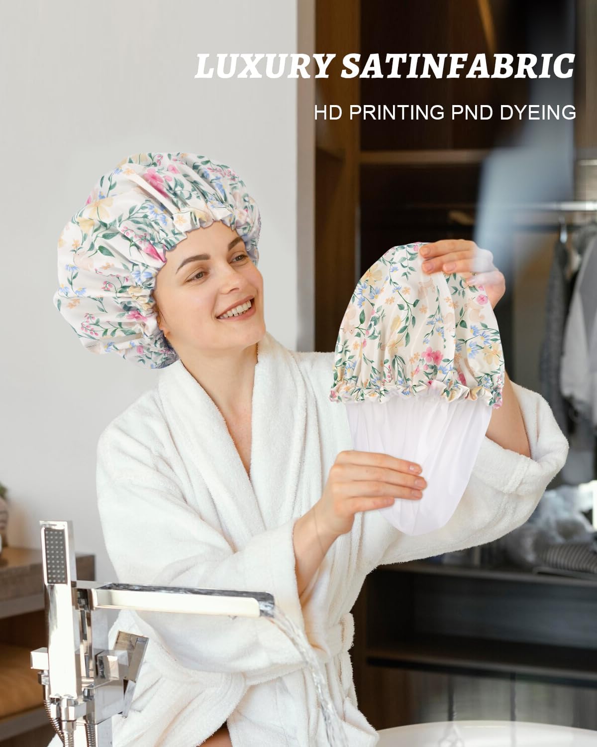Aquior Gorro de ducha impermeable de doble capa para mujer, gorro de ducha grande reutilizable para todas las longitudes de cabello con forro de