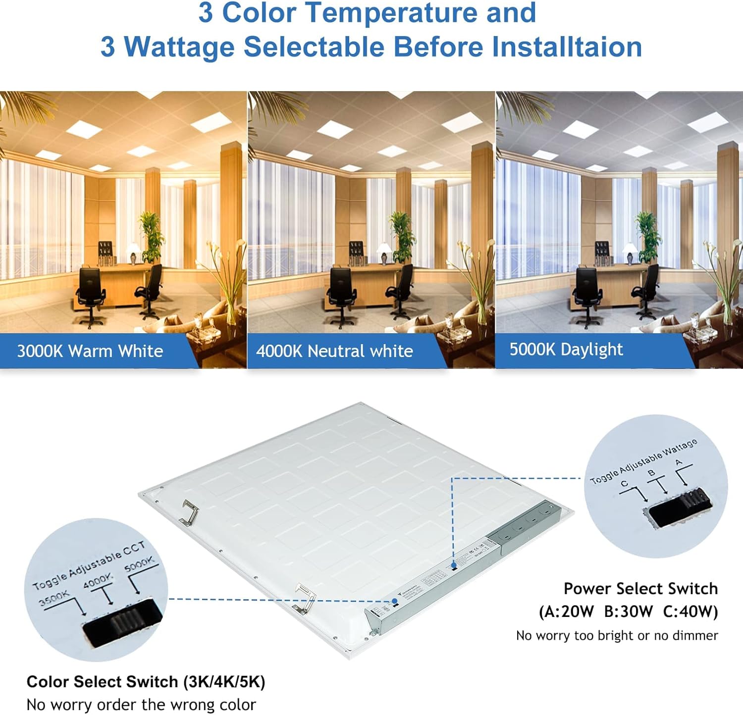 CycevSun Luz LED de pantalla plana de 2 x 2, luz de techo abatible 3000K 4000K 5000K 3 temperaturas de color seleccionables y 0-10 V regulable,