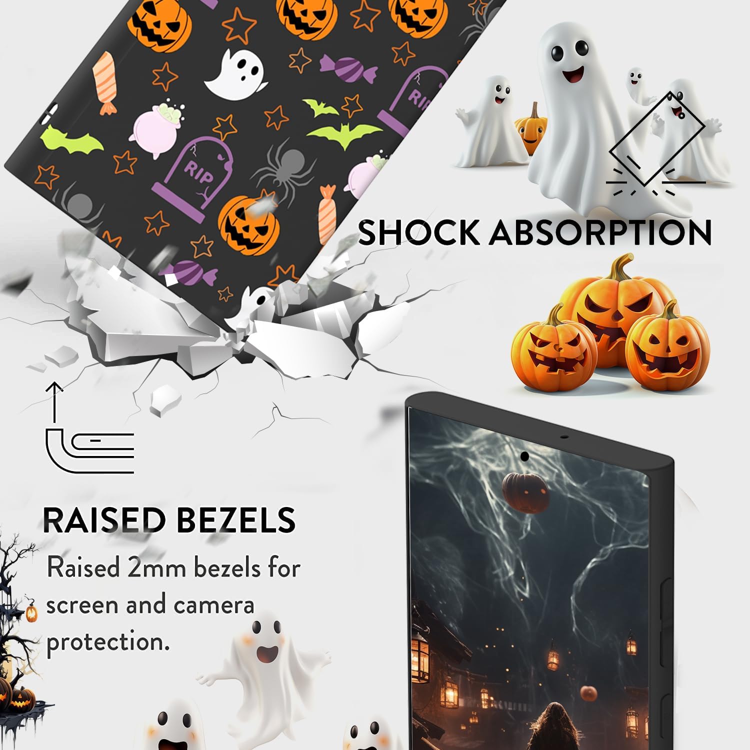 Funda de teléfono de Halloween compatible con Samsung Galaxy S22 Ultra con murciélago, calabaza, caramelo, araña, fantasma, Halloween, funda negra