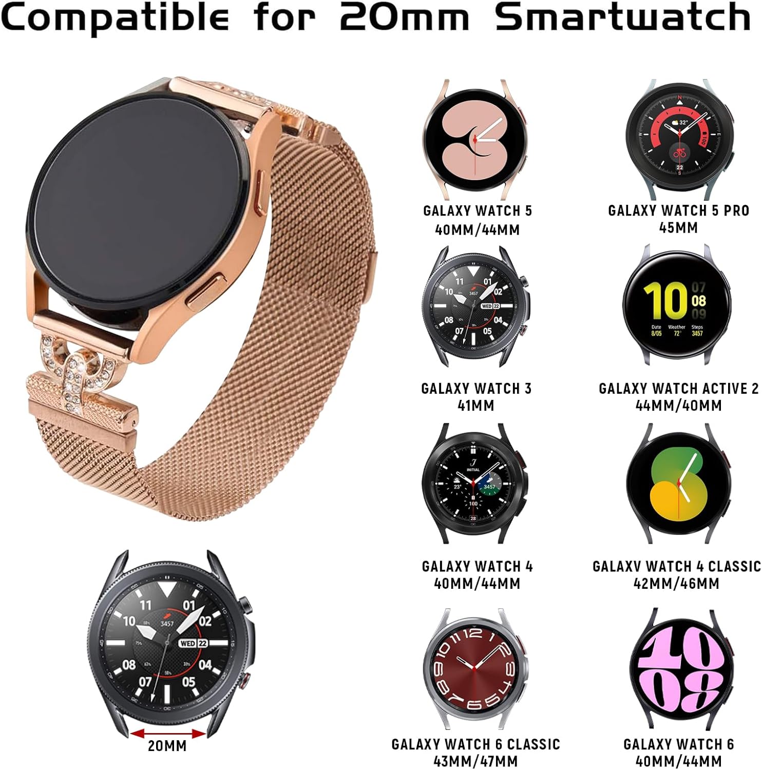Bandas magnéticas compatibles con Samsung Galaxy Watch 54 1.575 in 1.732 in, 5 Pro, Watch 4 Classic 1.654 in 1.811 in, 0.787 in, correa de malla de