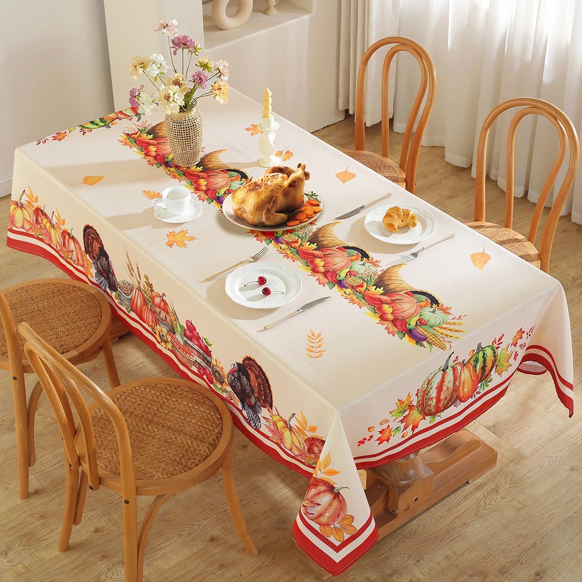 SASTYBALE Mantel rectangular de Acción de Gracias, a prueba de derrames, con estampado de pavo y calabaza, mantel decorativo para otoño, cosecha y