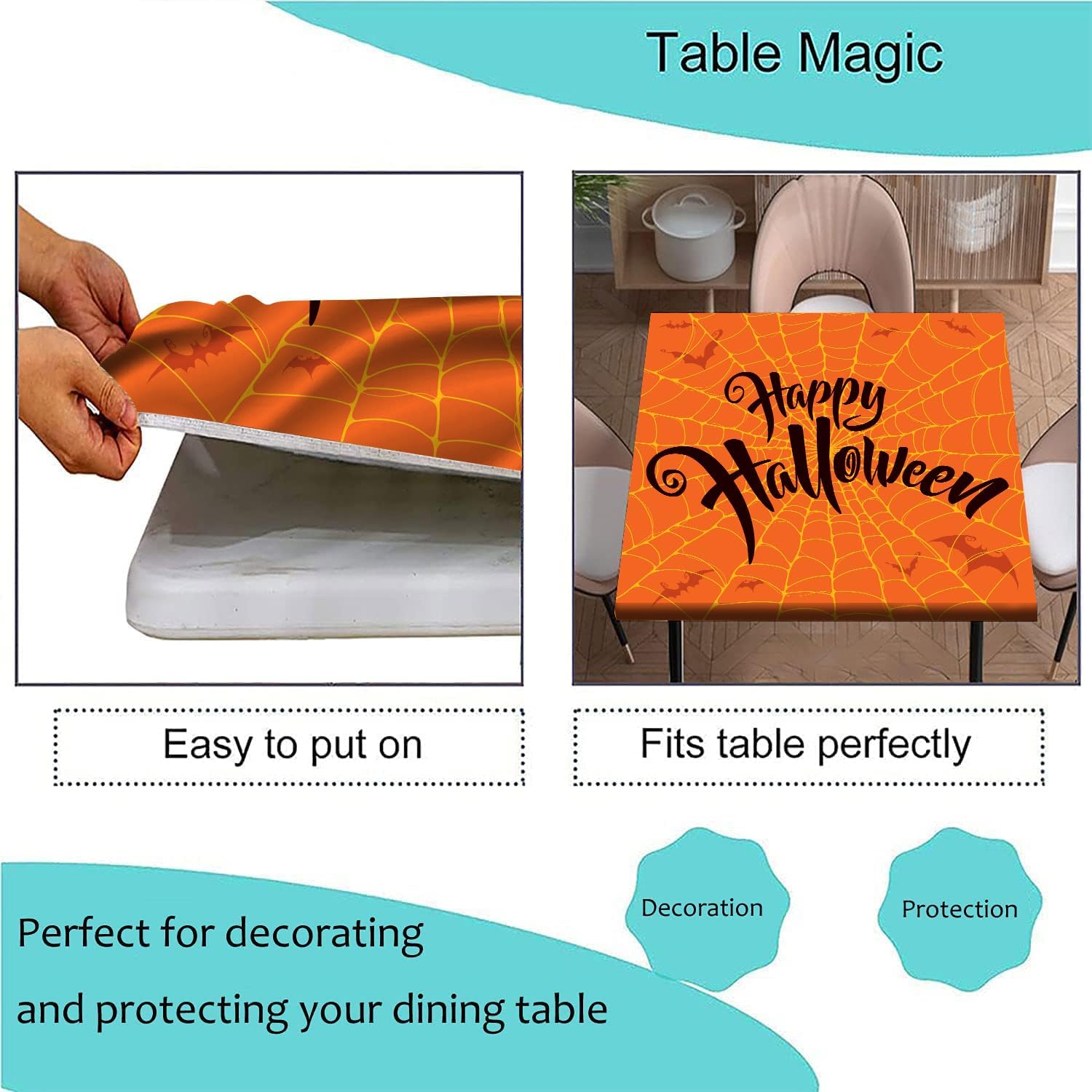 SongYi Mantel cuadrado de poliéster ajustable para Halloween, tela de araña naranja, borde elástico, decoración del hogar, manteles temáticos
