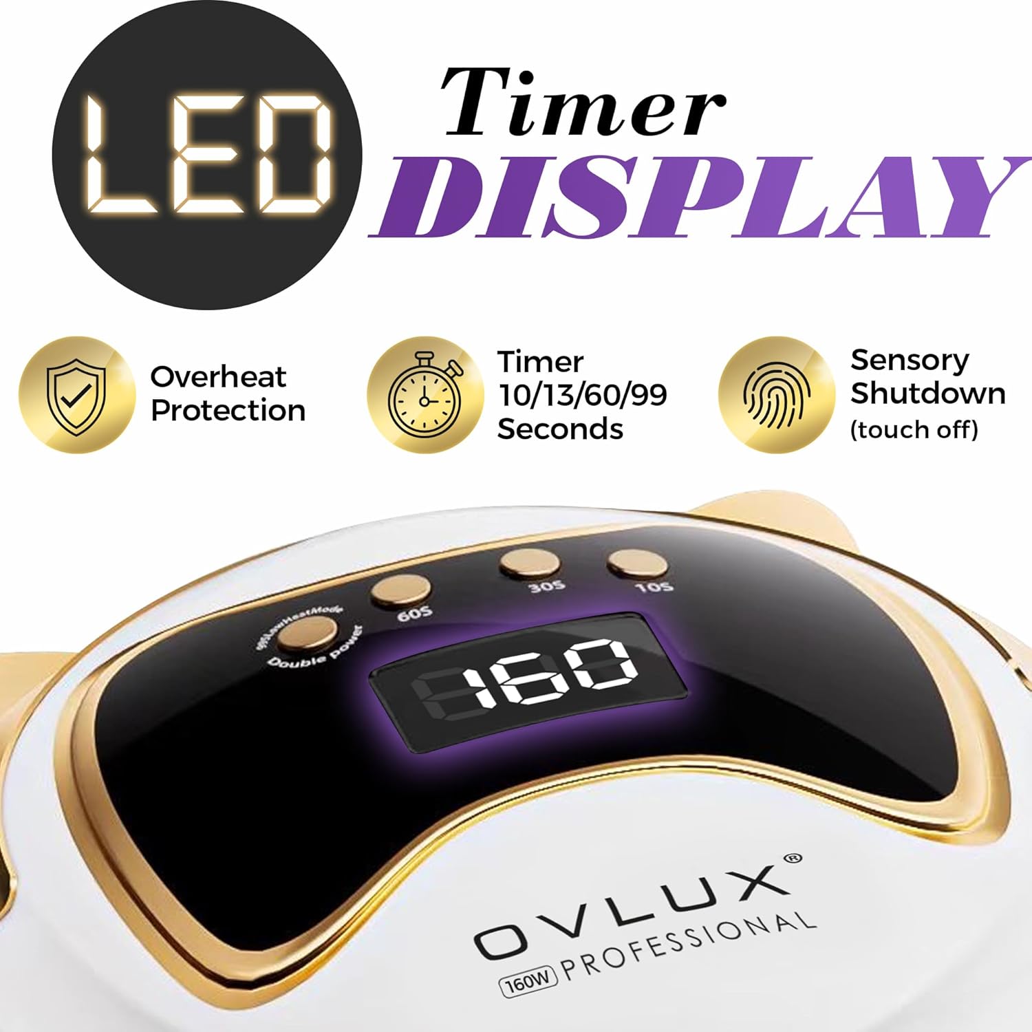 OVLUX Lámpara de uñas LED UV de 160 W, lámpara profesional de secado de uñas con 3 temporizadores y pantalla LCD, curado de gel UV y luz de esmalte